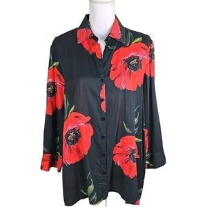 Finley ~Woman Size L~ Black/Red Top Blouse Button Down Cotton Shirt Long Sleeve.